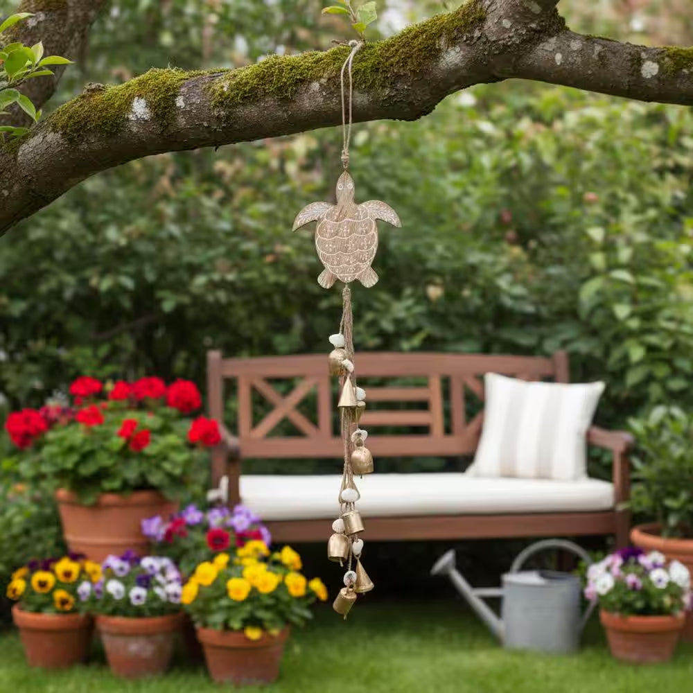 Brown 29 In. X 5.75 In. Wood Sea Turtle with Shells Wind Chime