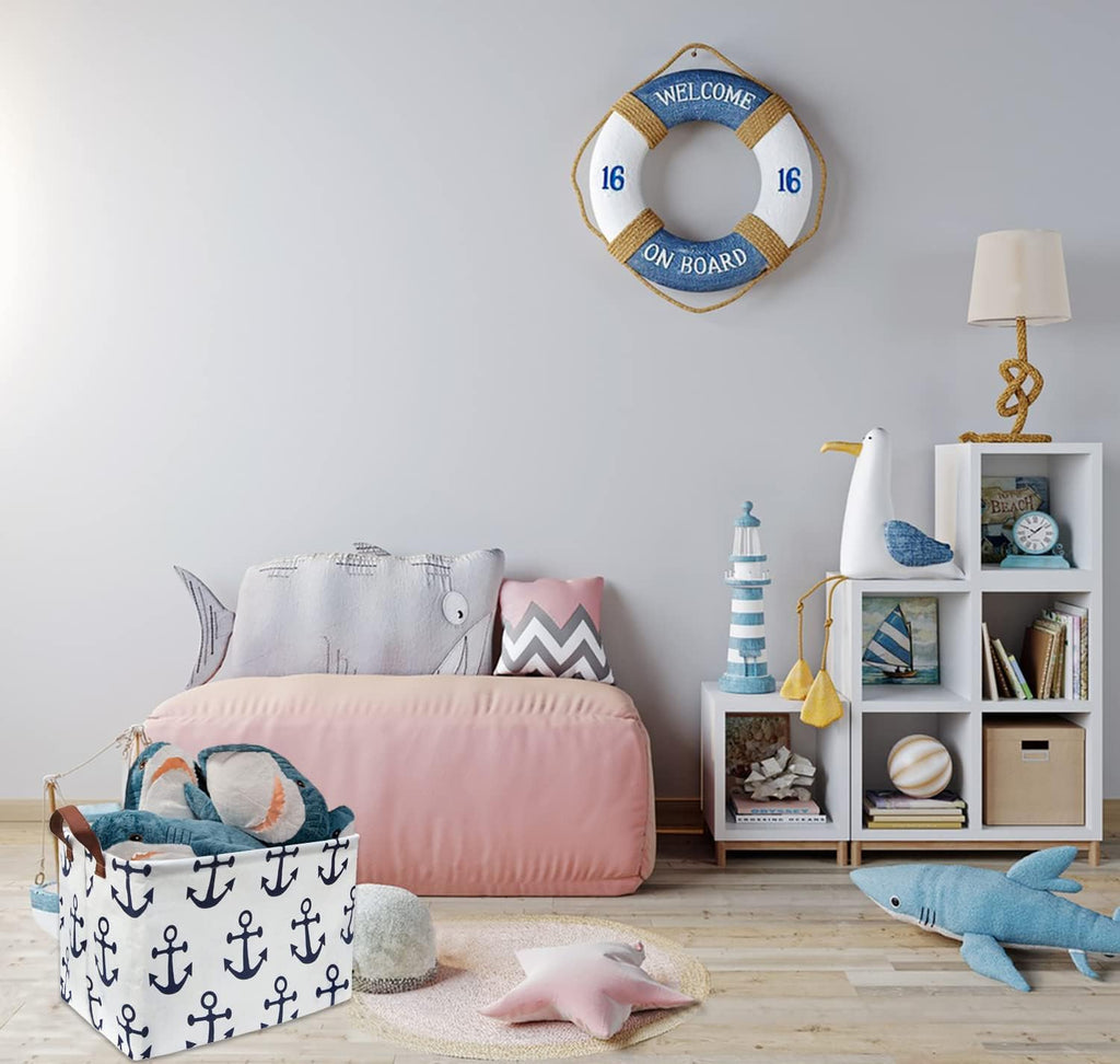 Kids Storage Basket Nautical Gift Basket Empty Boys Toy Storage Bin Organizer Box Rectangular Room Decor for Home,Books (Anchor)