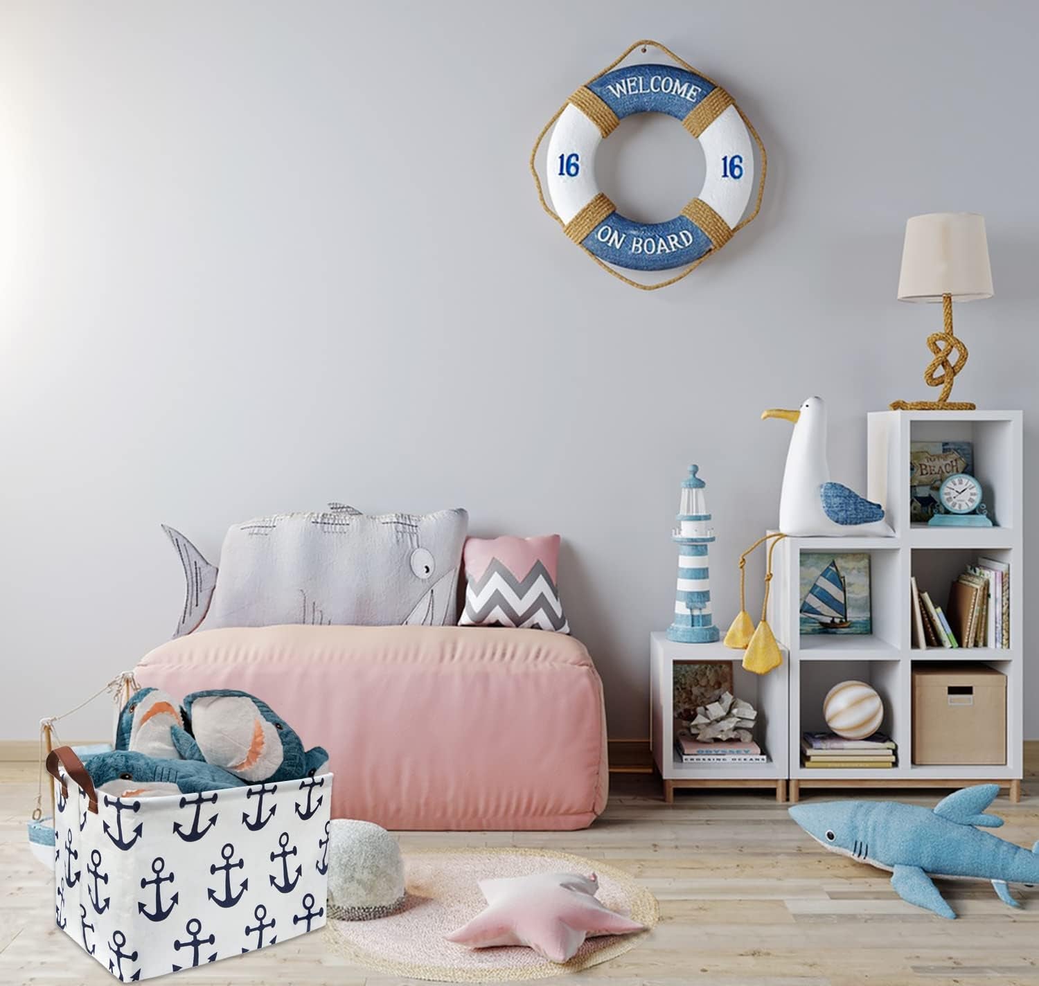 Kids Storage Basket Nautical Gift Basket Empty Boys Toy Storage Bin Organizer Box Rectangular Room Decor for Home,Books (Anchor)