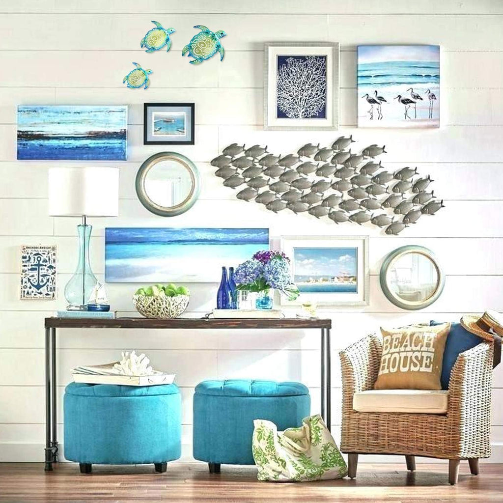 Set of 3 Metal Sea Turtle Beach Theme Decor Wall Art Decorations for Indoor Outdoor Bathroom Garden