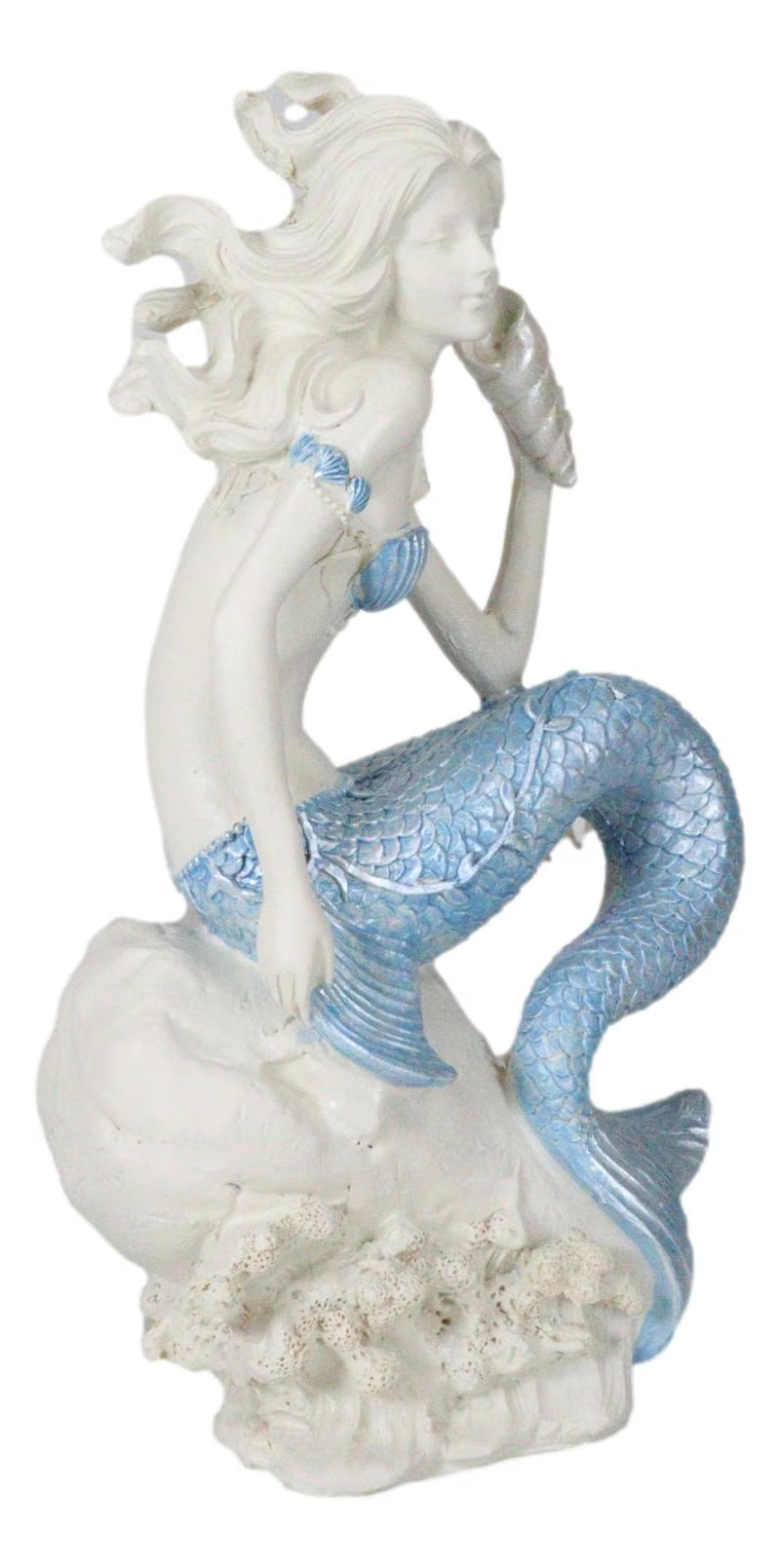 Ebros Ocean Goddess Pretty Mermaid with Blue Tail Holding Conch 8"Tall Figurine