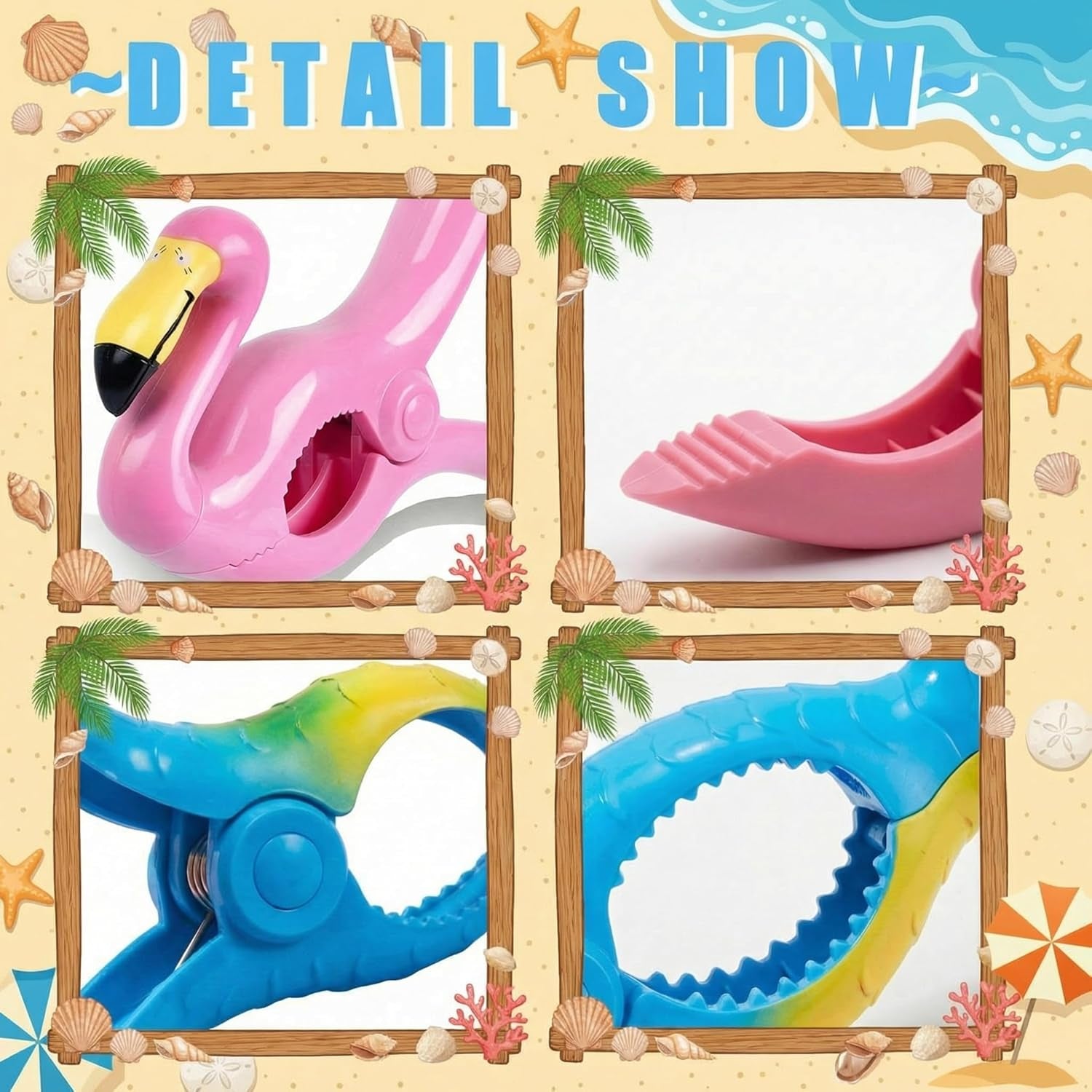 4 Pcs Beach Towel Clip Jumbo Size Windproof Towel Clips for Beach Chairs Cruise Patio Pool or Daily Secure Hold Clothes Pins(Parrot, Flamingo,Blue, Pink)