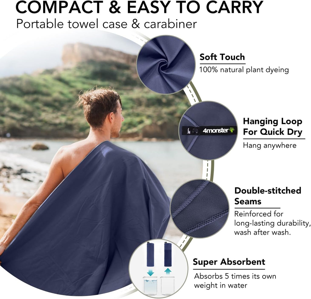 Quick Dry Travel Towel with Case & Carabiner – Super Absorbent Microfiber Gym & Camping Towel. Compact, Lightweight, Fast Drying for Beach, Swimming, Hiking, Backpacking