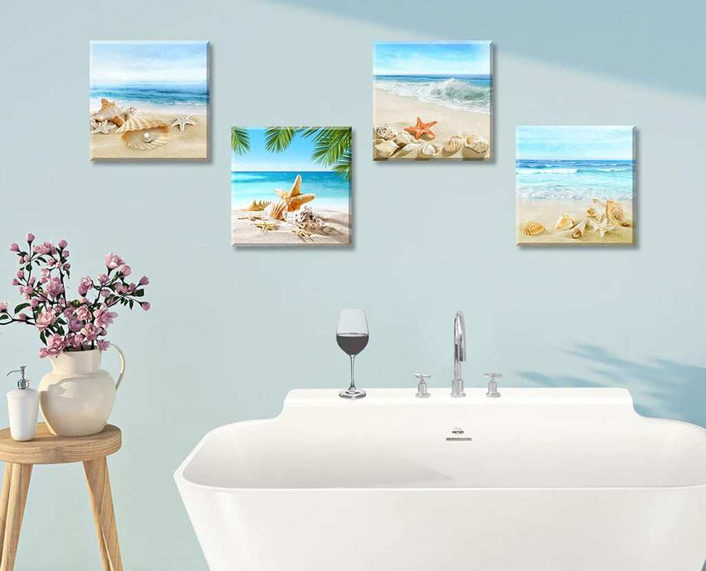 Beach Wall Art Bathroom Paintings Decor Seashell Starfish Nature Canvas Pictures Blue Ocean Theme Decorations Posters Contemporary Nautical for Bedroom…