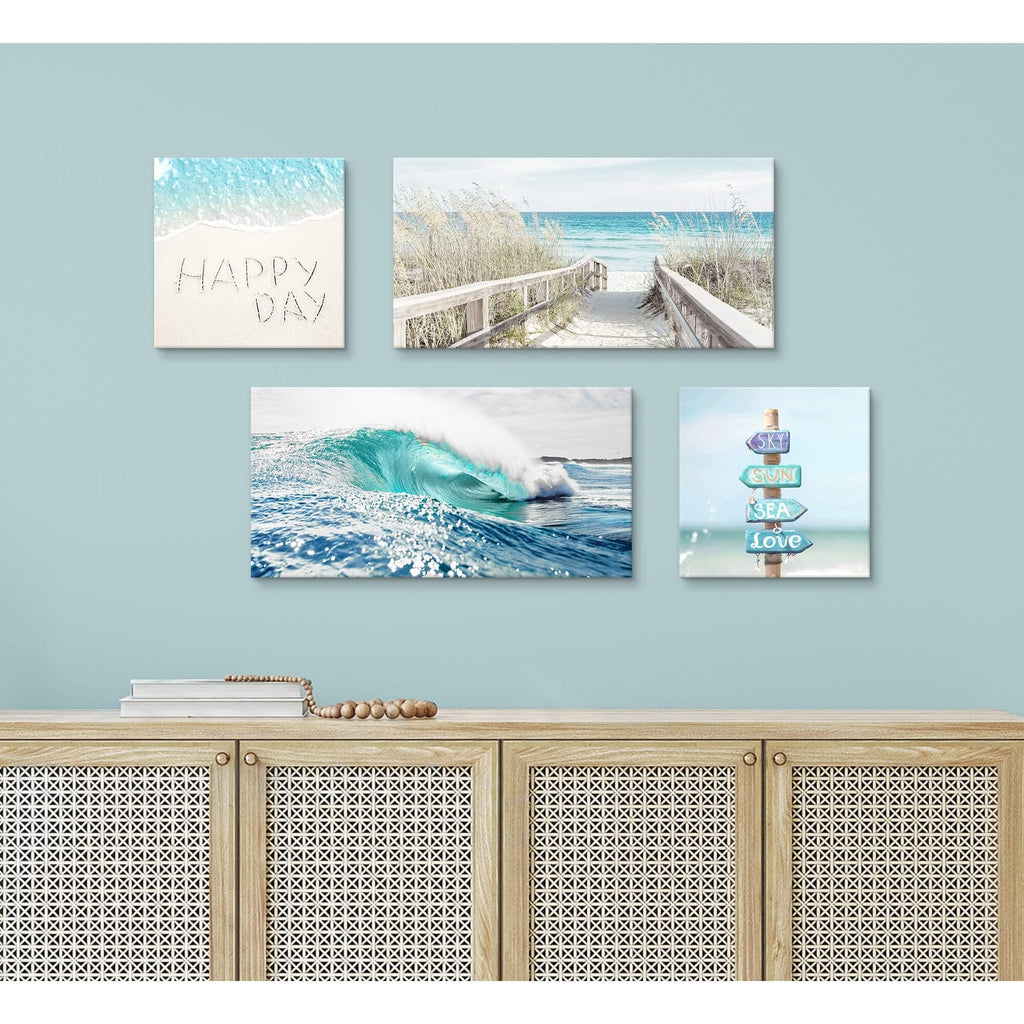 Coastal Canvas Beach Wall Art: 4 Piece Seascape Pathway Painting Surf Ocean A...