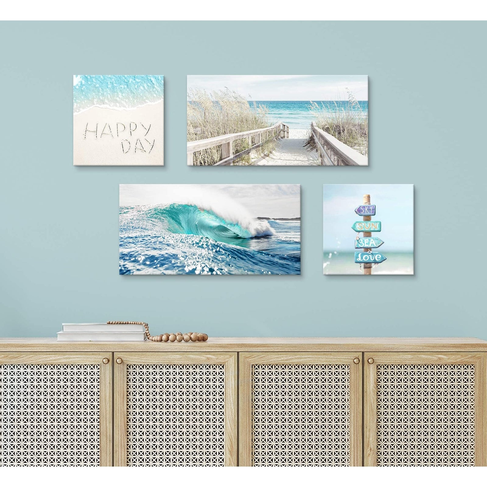 Coastal Canvas Beach Wall Art: 4 Piece Seascape Pathway Painting Surf Ocean A...