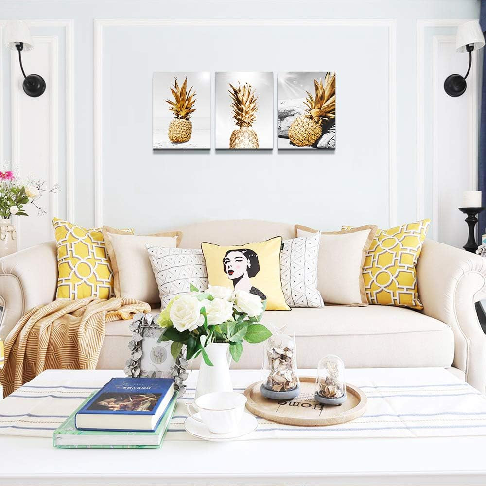 Canvas Wall Art for Bar Kitchen Restaurant Wall Decor Living Room Bathroom Home Decoration Black and White Beach Scenery Golden Pineapple Pictures Office Decor Artwork Ready to Hang 12X16 3 Piece