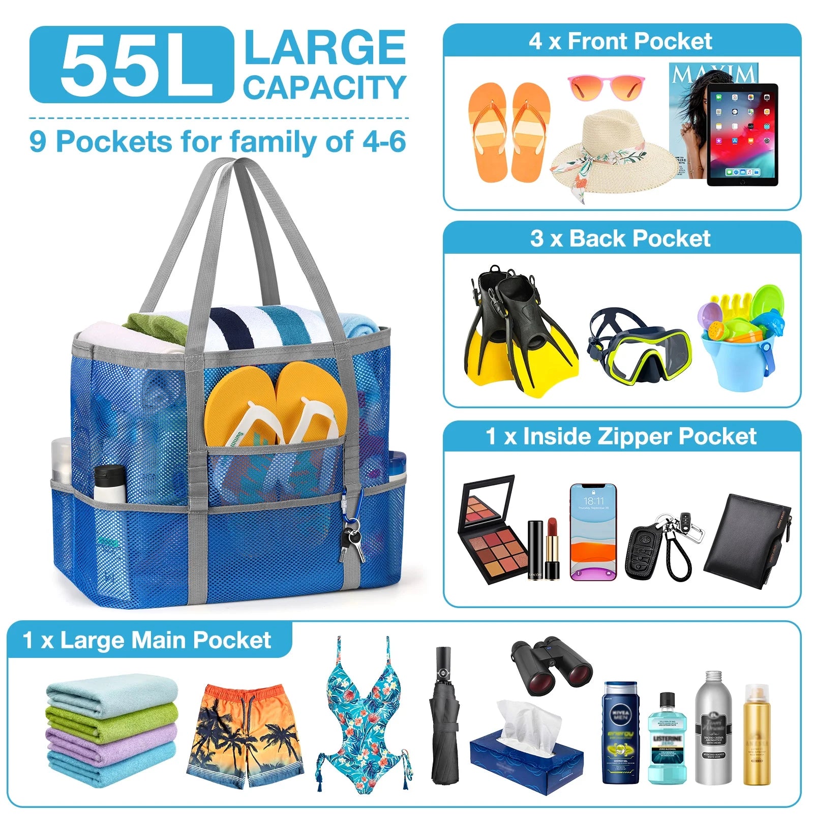 Mesh Beach Bag Rope Handles, Mesh Tote Bag for Women Contains Wicker Oversized Beach Tote Bag with 9 Small Pockets (Blue)