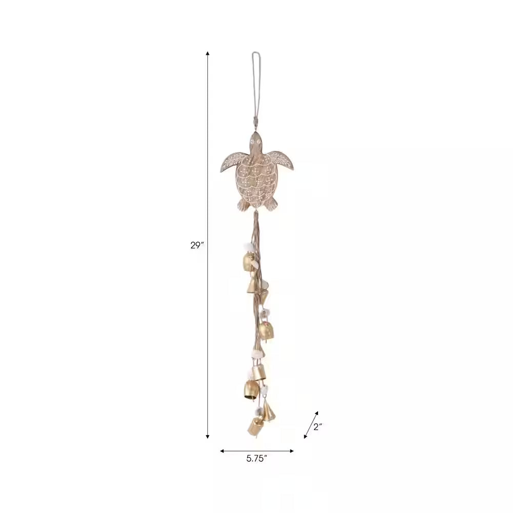 Brown 29 In. X 5.75 In. Wood Sea Turtle with Shells Wind Chime