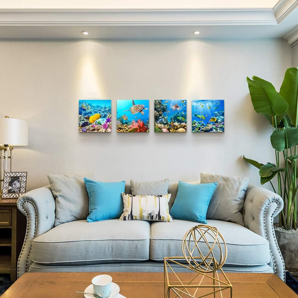 Bathroom Wall Decor Canvas Wall Art for Living Room Office Decor Modern Bedroom Home Decor 4 Panels Stretched and Framed Ready to Hang Blue Ocean Theme Sea Fish and Sea Turtles Undersea World Draw