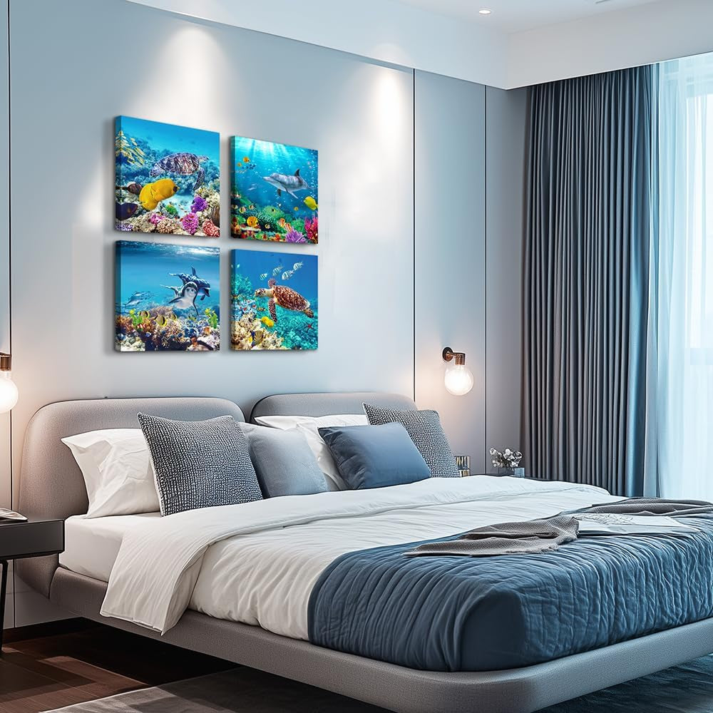 Canvas Wall Art for Living Room- Family Bedroom Canvas Pictures Artwork Bathroom Wall Decor- 4 Panels Coral and Sea Fish and Turtles Ocean Theme Stretched and Framed Ready to Hang Modern Home Decor