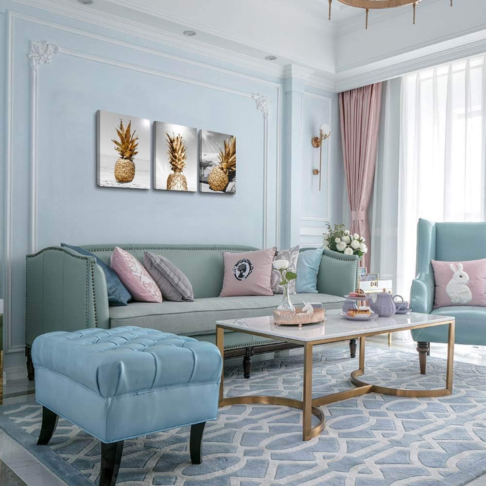 Canvas Wall Art for Bar Kitchen Restaurant Wall Decor Living Room Bathroom Home Decoration Black and White Beach Scenery Golden Pineapple Pictures Office Decor Artwork Ready to Hang 12X16 3 Piece