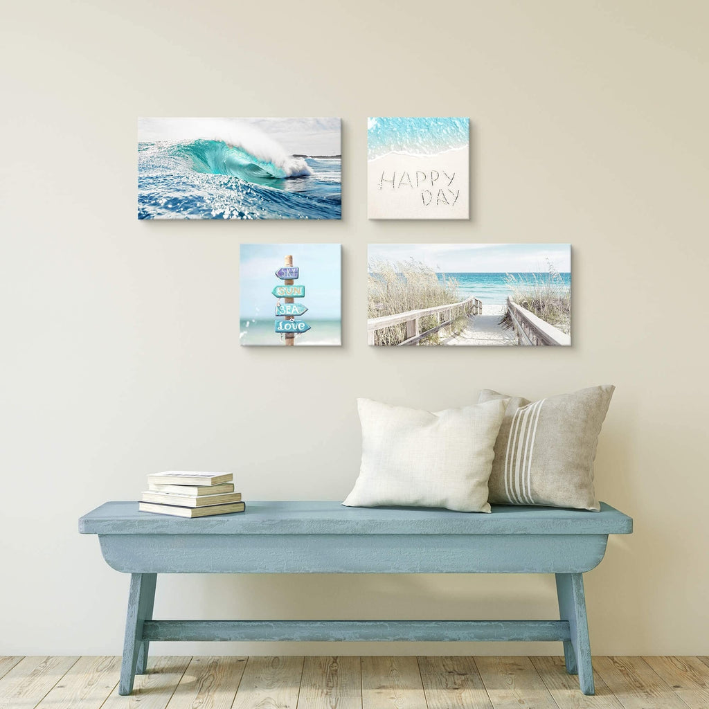 Coastal Canvas Beach Wall Art: 4 Piece Seascape Pathway Painting Surf Ocean A...