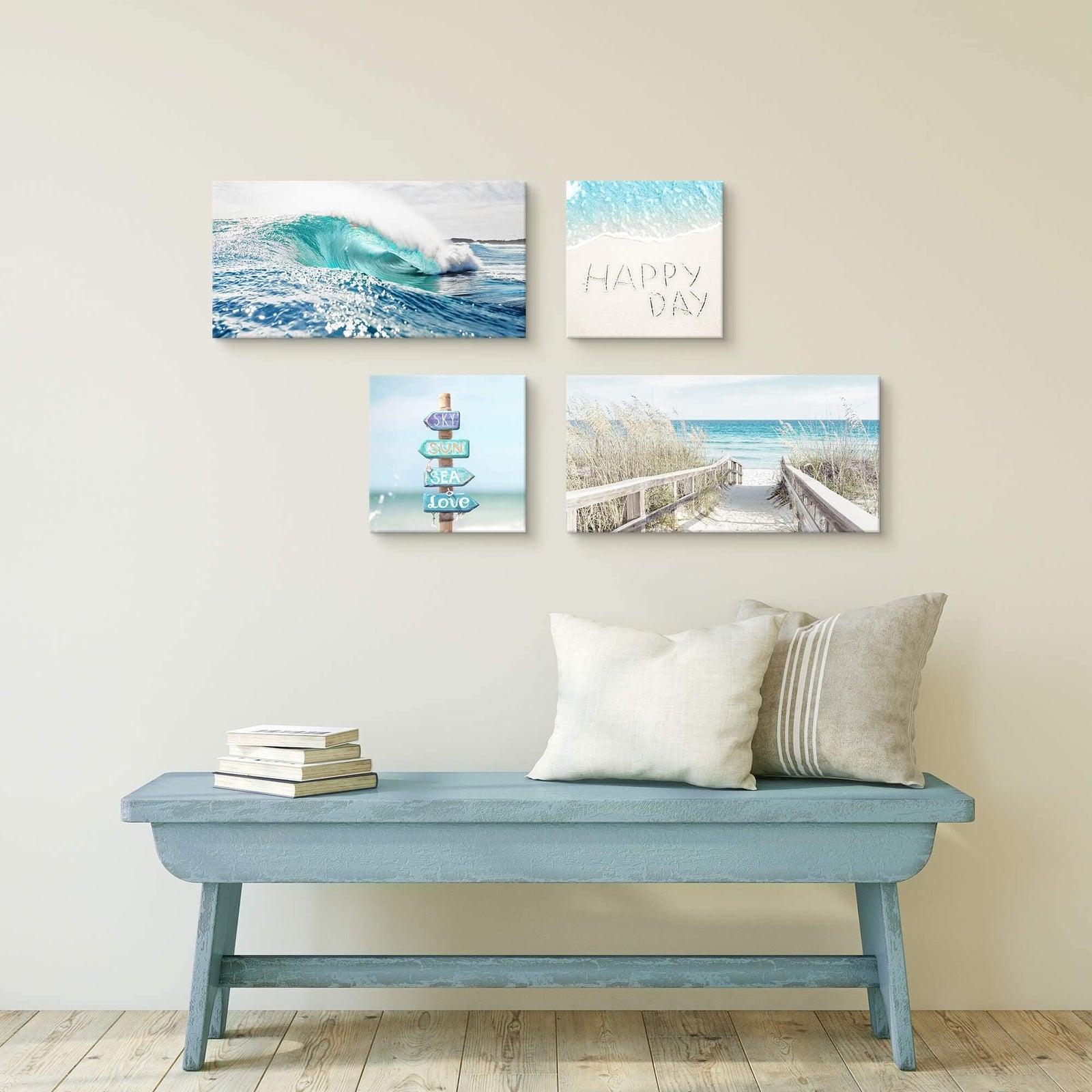 Coastal Canvas Beach Wall Art: 4 Piece Seascape Pathway Painting Surf Ocean A...