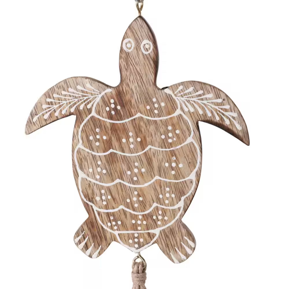 Brown 29 In. X 5.75 In. Wood Sea Turtle with Shells Wind Chime