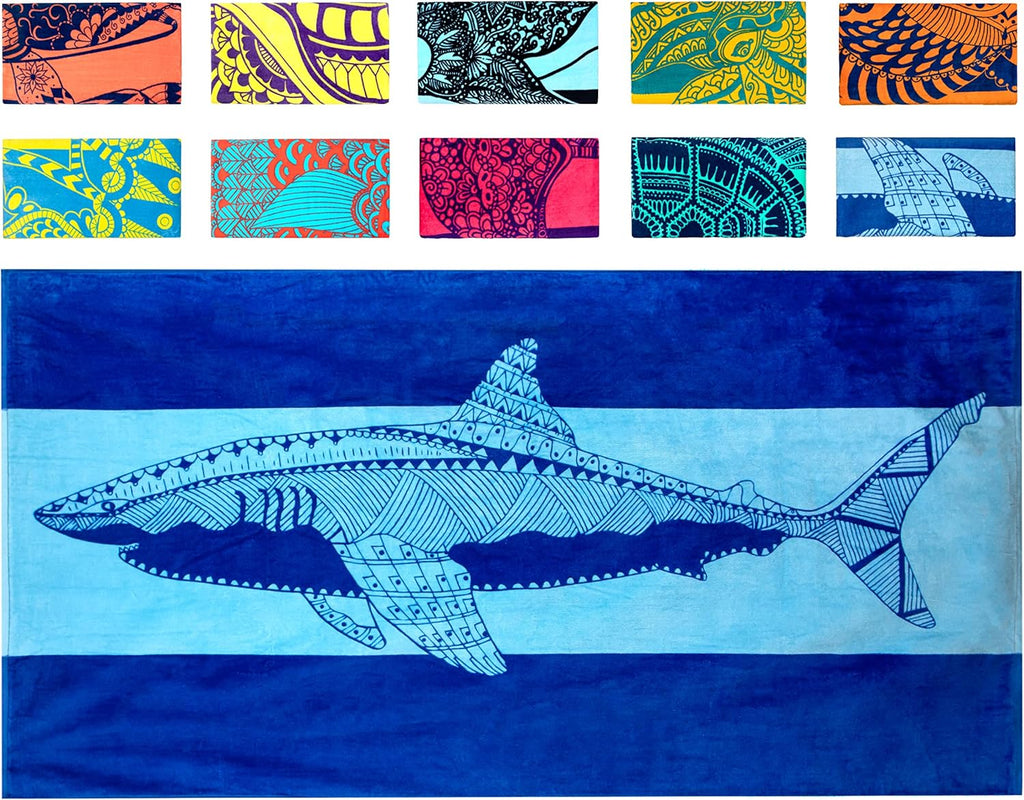 Shark Beach Towel – Blue with a Tropical Design, Extra Large, XL (34”X 63”) Cool Hawaiian, Navy Beach Towel with Light Blue Stripe, Made from 100% Cotton