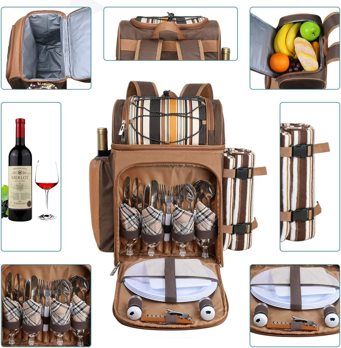 Picnic Basket Backpack for 4 Person with Insulated Leakproof Cooler Compartment, Wine Holder, Fleece Blanket, Cutlery Set, Wedding Gifts for Couples, Engagement Gifts