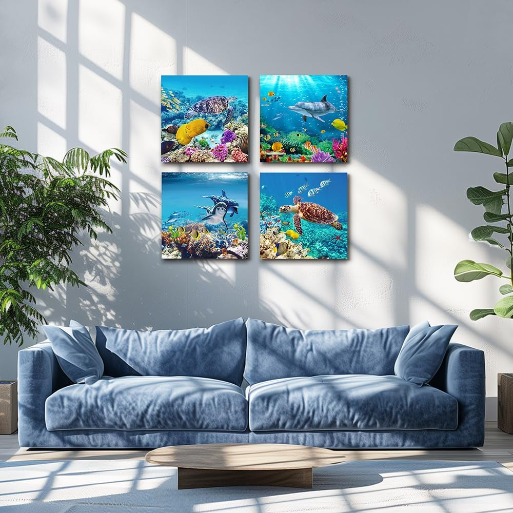 Canvas Wall Art for Living Room- Family Bedroom Canvas Pictures Artwork Bathroom Wall Decor- 4 Panels Coral and Sea Fish and Turtles Ocean Theme Stretched and Framed Ready to Hang Modern Home Decor